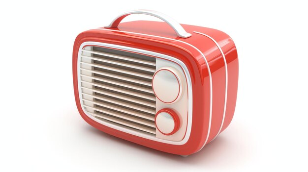 Dit is een 3D-weergave van een retro rode radio. Het heeft een handvat aan de bovenkant, twee knoppen aan de voorzijde en een luidspreker.