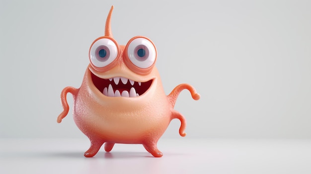 Dit is een 3D-weergave van een schattig en vriendelijk cartoon monster Het heeft grote ogen een brede glimlach en vier armen