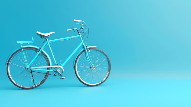 Dit is een 3D-weergave van een vintage fiets. De fiets is blauw en heeft een witte stoel en stuur. De achtergrond is een lichtblauwe kleur.