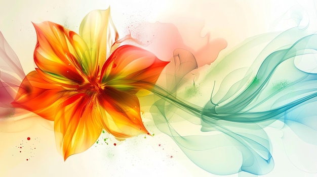 Dit is een abstract schilderij van een bloem. De bloemblaadjes zijn helder oranje en de bladeren lichtblauw.