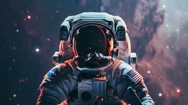 Dit is een afbeelding van een astronaut in een ruimtetuig met het visor van de helm die een rode planeet reflecteert