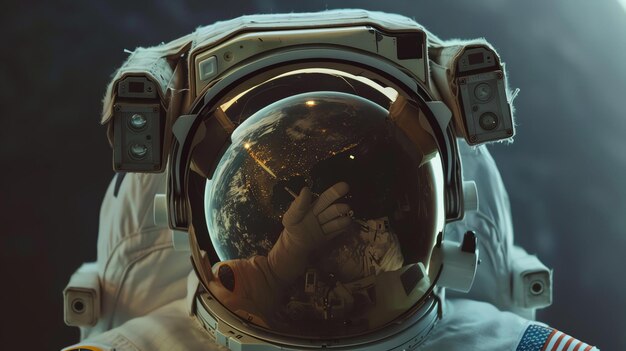 Foto dit is een afbeelding van een astronautenhelm met de weerspiegeling van de aarde in het vizier.
