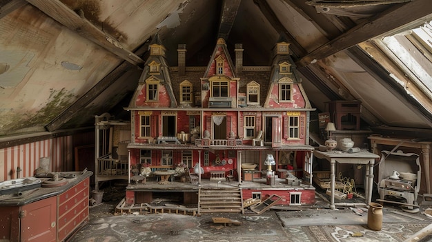 Foto dit is een afbeelding van een griezelig oud poppenhuis. het poppenhuis is van hout en is rood en wit geschilderd.