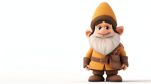 Dit is een afbeelding van een schattige en vriendelijke cartoon gnome Hij draagt een gele hoed en bruine laarzen en heeft een lange witte baard