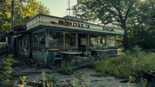 Dit is een afbeelding van een verlaten en overgroeide fastfoodrestaurant. Het gebouw is in verval met gebroken ramen en graffiti op de muren.