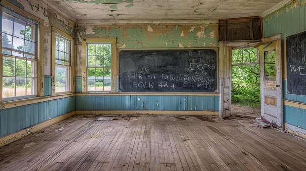 Foto dit is een afbeelding van een verlaten klaslokaal. de kamer is in verval, de muren schillen en de vloerplanken rotten.