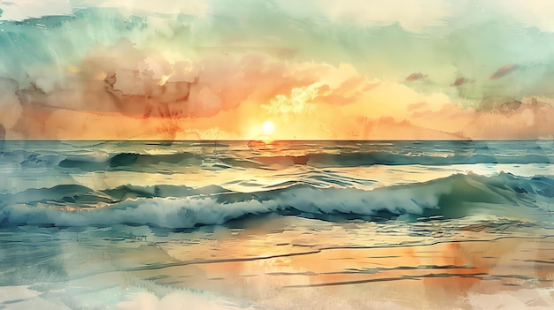 Foto dit is een aquarel schilderij van een prachtige zonsondergang over de oceaan