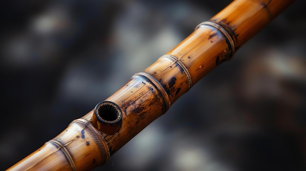 Dit is een close-up afbeelding van een bamboe pijp de pijp is gemaakt van een enkel stuk bamboe en het heeft een natuurlijke bruine kleur