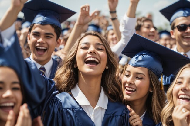 Dit is een dag die je nooit zult vergeten. Een foto van een groep universiteitsstudenten die een selfie maken op g.