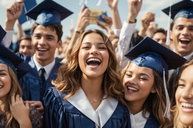 Dit is een dag die je nooit zult vergeten. Een foto van een groep universiteitsstudenten die een selfie maken op g.