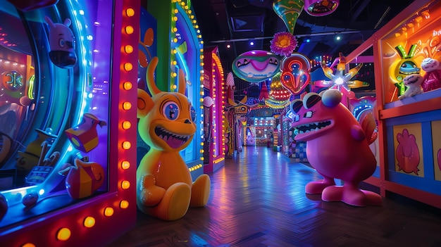 Foto dit is een foto van een arcade de muren zijn bekleed met kleurrijke lichten en er zijn verschillende spellen en machines