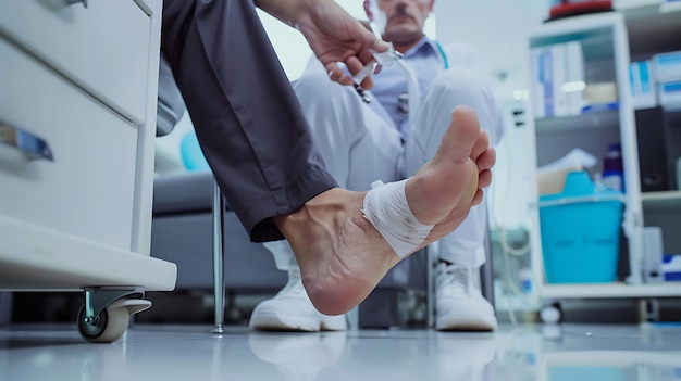 Dit is een foto van een dokter die een patiënt's voet verbindet.