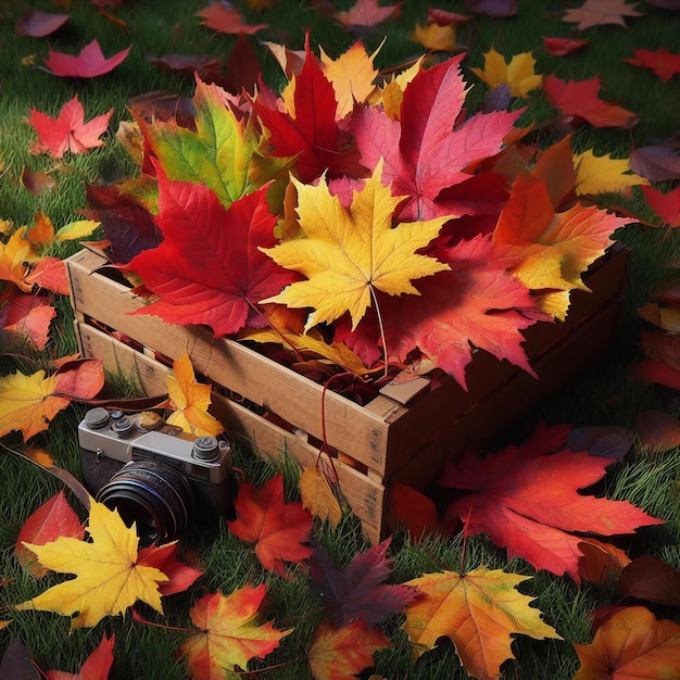 Foto dit is een foto van een houten kist en een camera omringd door kleurrijke herfstbladeren