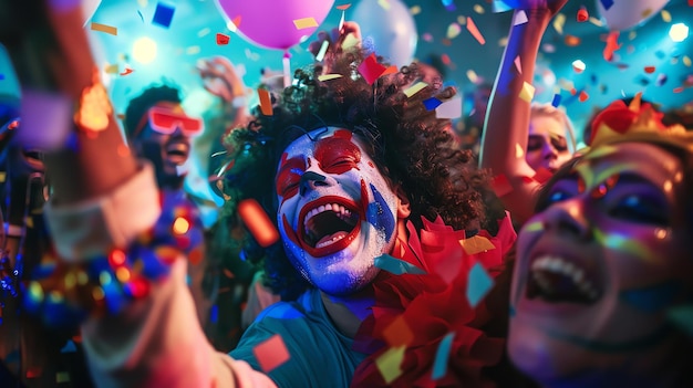 Dit is een foto van een persoon met clown make-up op hun gezicht ze zijn op een feest en zijn omringd door andere mensen die ook clown make up dragen