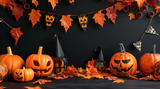 Dit is een foto van enkele jackolanterns en herfstbladeren op een houten tafel