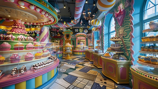 Dit is een foto van het interieur van een kleurrijke snoepwinkel. De winkel is versierd met felle kleuren en beschikt over een verscheidenheid aan snoepdisplays.