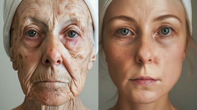 Dit is een foto van twee vrouwen, een jonge en een oude. De jonge vrouw heeft een vlekvrije huid, terwijl de huid van de oude vrouw gerimpeld en oud is.