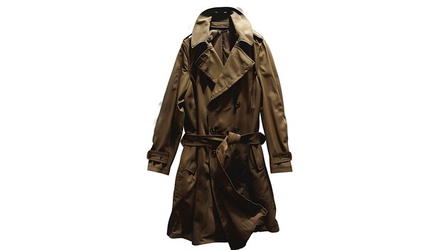 Foto dit is een klassieke trenchcoat. het is gemaakt van een waterdichte stof en heeft een dubbele borst aan de voorzijde.