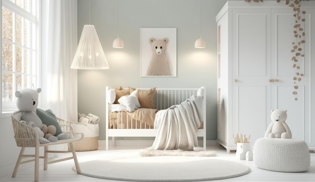 Dit is een lichtgekleurde kinderkamer in Scandinavische stijl met een minimalistisch design Generative AI