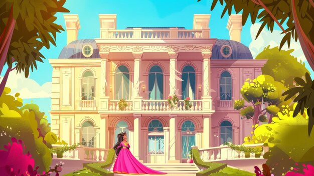 Foto dit is een moderne cartoon illustratie van een prinses in een roze jurk op een paleis balkon dit is een sprookjesachtige illustraties van een mooi meisje met een gouden kroon in een koninklijk huis gevel