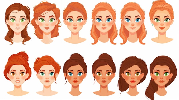 Foto dit is een moderne cartoon set van een vrouw gezicht constructie set met verschillende kapsels blauw bruin en groen ogen neuzen wenkbrauwen en lippen in verschillende vormen geïsoleerd op wit