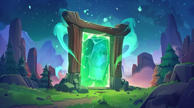 Dit is een nachtelijke scène met een magisch portaal fantastische energie deur naar een buitenaardse wereld dit is een moderne spel achtergrond met cartoon fantasy illustratie van een berg landschap met mystieke groene gloeiende