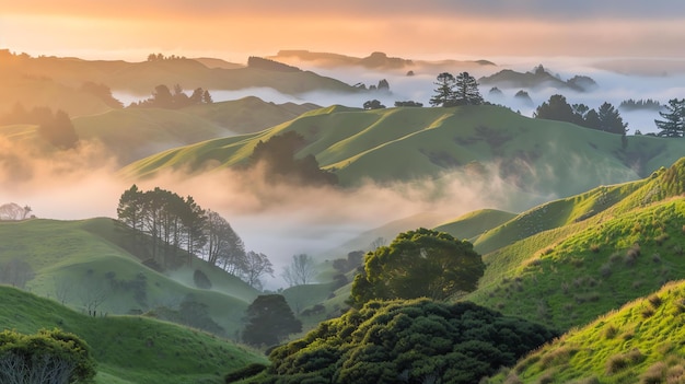 Dit is een prachtig landschap beeld van glooiende groene heuvels in de ochtend mist de zon komt op over de heuvels en de lucht is een heldere oranje