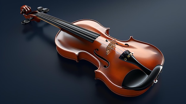 Dit is een prachtige 3D-weergave van een viool de viool rust op een donkerblauw oppervlak de viool is gemaakt van hout en heeft een glanzende afwerking
