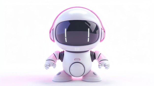 Dit is een schattig robot speelgoed met roze koptelefoon Het heeft een wit lichaam en roze accenten Het staat op een wit oppervlak met een roze gloed om het heen