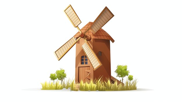 Foto dit is een vector illustratie van een windmolen het heeft een bruine lichaam en vier bruine bladen er is een kleine deur aan de voorkant van de windmolen