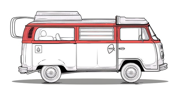 Dit is een vectorillustratie van een klassieke camper van de jaren zeventig. De bus is wit en rood met een opklapbaar dak en een surfplank op het dakrek.