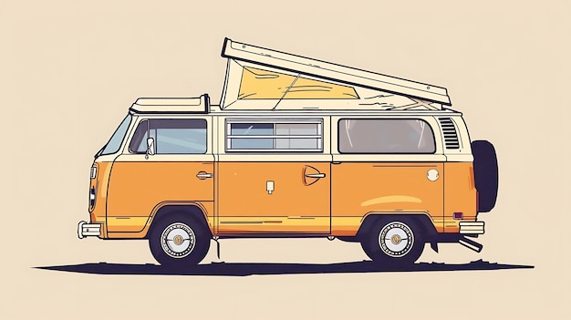 Dit is een vectorillustratie van een vintage gele en witte camper van het busje heeft een pop-up dak en een surfplank op het dakrek