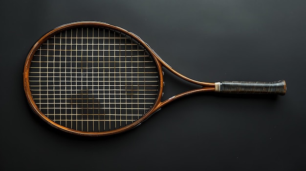 Foto dit is een vintage tennisracket met een houten frame en een lederen greep