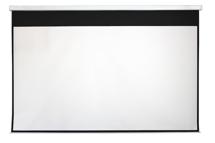 Foto dit is een wit rechthoekig presentatiescherm met een zwart frame dat aan de muur hangt. geïsoleerd op een witte achtergrond