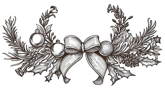 Foto dit is een zwart-witte tekening van een kerstkrans de krans is gemaakt van holly ivy en dennen kegels