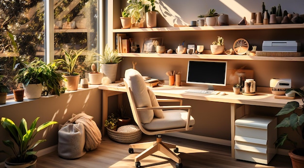 Dit kantoor heeft een bureau, een stoel en planten.