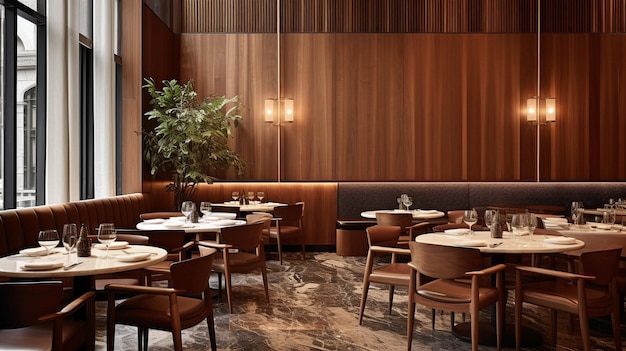 Dit restaurant is luxueus en modern met houten wanden en tegelvloeren Generative AI