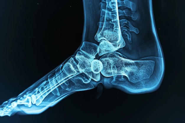 Dit röntgenbeeld toont de botten van een voet met een duidelijke focus op één bot in het bijzonder het enkelgewricht zoals gezien in een röntgen AI gegenereerd