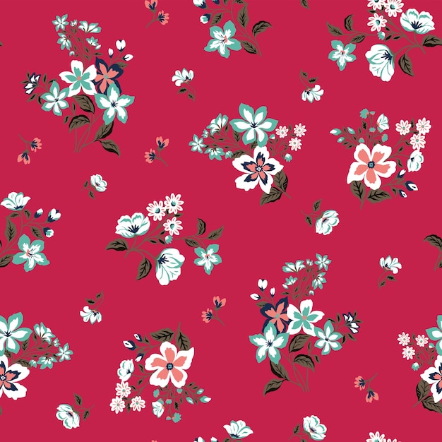 Ditsy floral pattern on red background