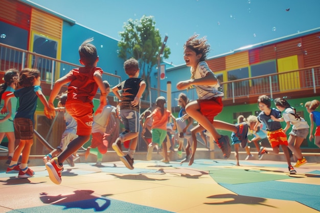 Photo dive into the colorful chaos of a schoolyard durin generative ai