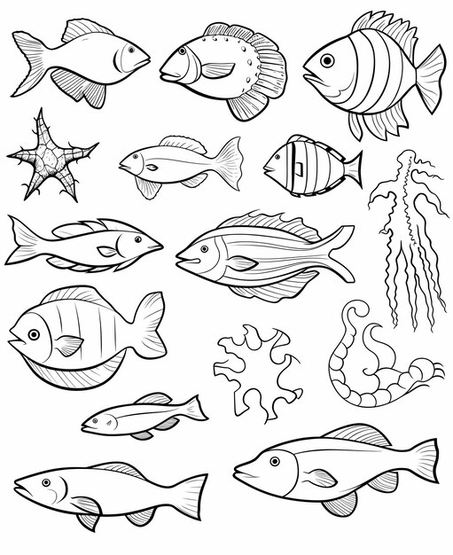 사진 25 개의 만화 해양 동물과 두꺼운 선으로 재미있는 컬러링 페이지에 뛰어들십시오.