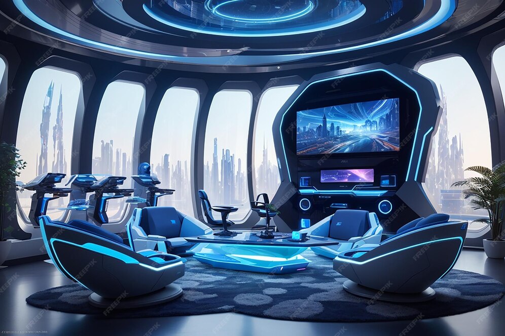 Premium AI Image  Dive into the Future with a Mesmerizing Glimpse of this Futuristic Gaming Room