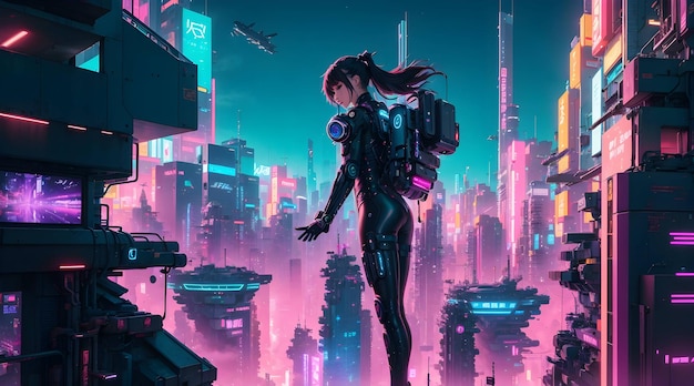 Dive into a futuristic cyberpunk cityscape in this captivating 4K anime wallpaper generated by ai