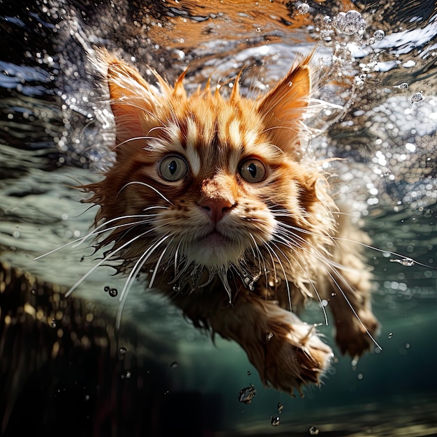 Фото Погрузитесь в смех с юмористической карикатурой на плавающего под водой кота, воплощенной в жизнь с помощью генеративного искусственного интеллекта.