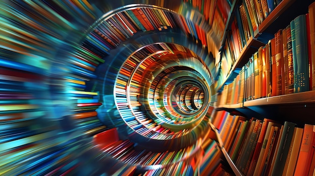 Photo dive into the mesmerizing world of knowledge with this stunning visual journey through a librarys spiral bookshelf tunnel