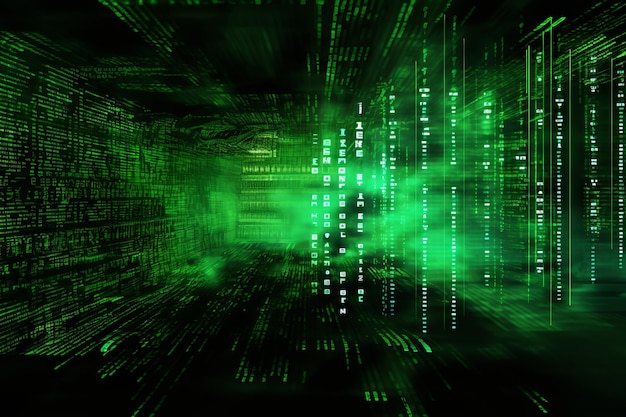Погрузитесь в пульсирующую матрицу зеленого кода и агрессивную цифровую иллюстрацию Генеративный ИИ