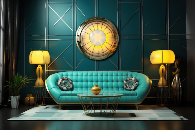 Погрузитесь в ретрофутуризм с модульным диваном в смелых геометрических узорах футуристические осветительные приборы и металлические акценты ar 32 v 52 Job ID 9adb3f12bd214acd9a7bb19412cd2189