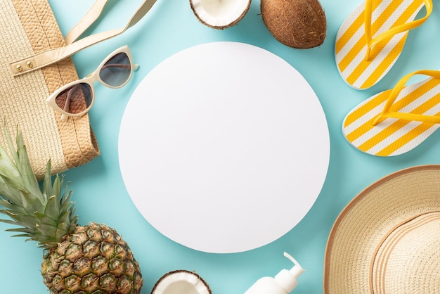 Photo dive into summer bliss with this enchanting top view composition of sunhat flipflops sunglasses fruit bag tube on a calming pastel blue background an alluring empty circle awaits text or advert