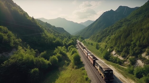 Погрузитесь в безмятежный горный пейзаж, пока кадры с дронов запечатлевают прохождение грузового поезда по живописной местности. Сгенерировано ИИ.
