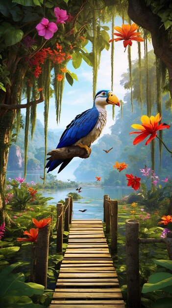 Dive into a visual wonderland with towering trees vibrant flowers and natures harmony chirping